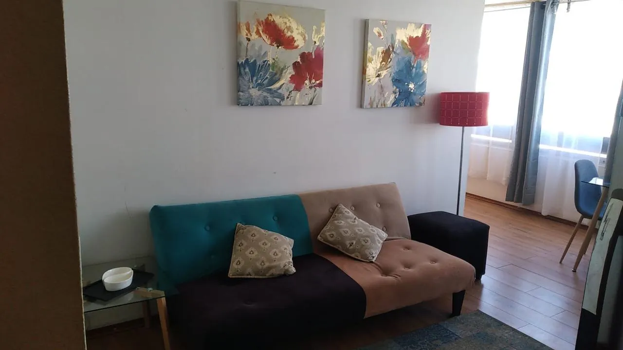 Interior del departamento con un sofá y pequeños cuadros de flores
