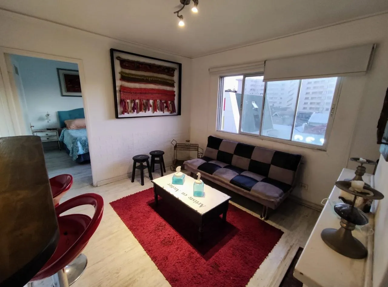 Vista interior del departamento con alfombra roja, asientos, cama matrimonial y un sofá